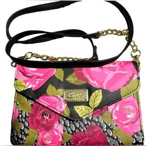 Betsey Johnson Pink and Black Floral Crossbody Bag Gold Tone Link Chain